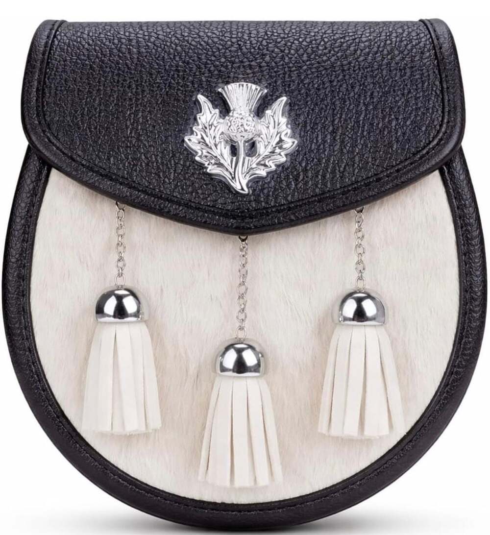 Premium‎ White Fur Scottish Kilt Sporran with Thistle Badge and Detachable Chain